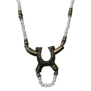 Vintage White Faux Pearl Horse Shoe Brass Long Naja Southwestern Bead Necklace